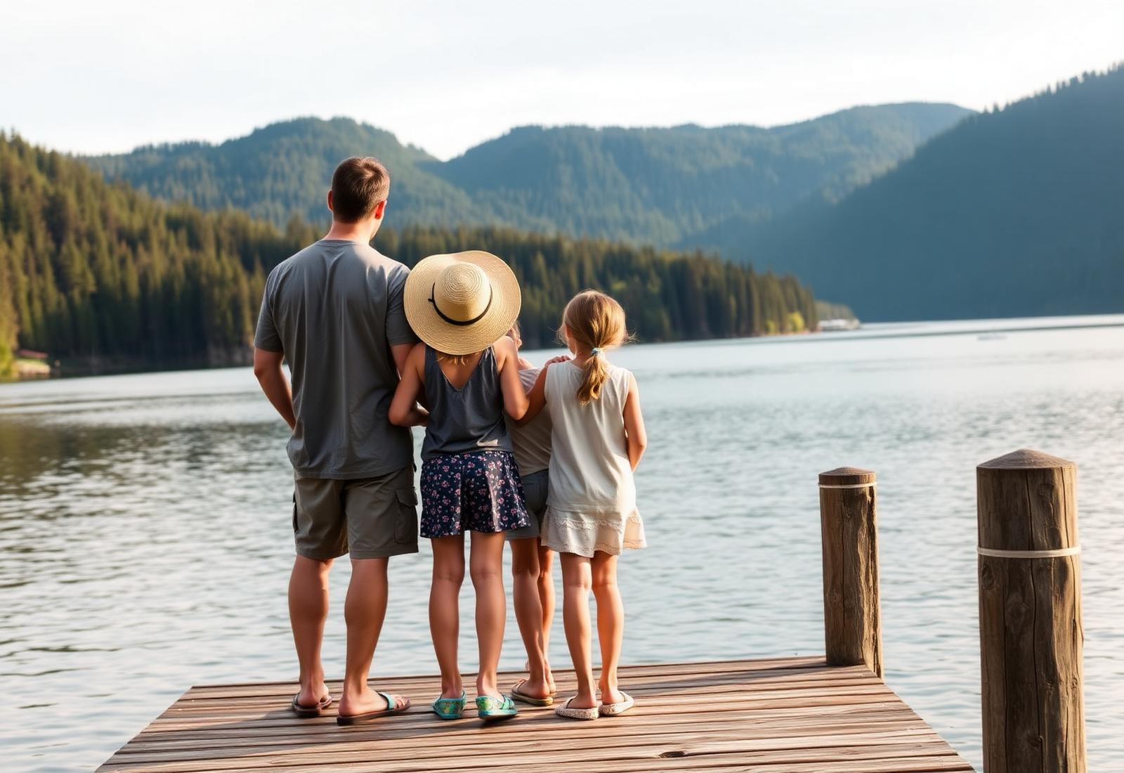 Wooden dock overlooking a BC lake at sunset